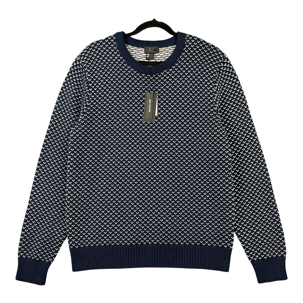 Magaschoni Men's Knit Sweater Medium Navy Blue White Crewneck Cotton Preppy NWT - Picture 1 of 9